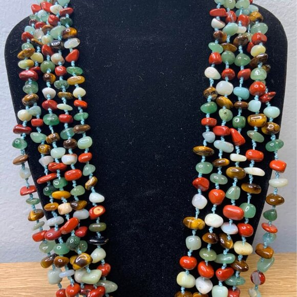 Vintage Natural Jade and Multi Gemstone 3 Strand Chip Bead Necklace - Picture 3 of 6